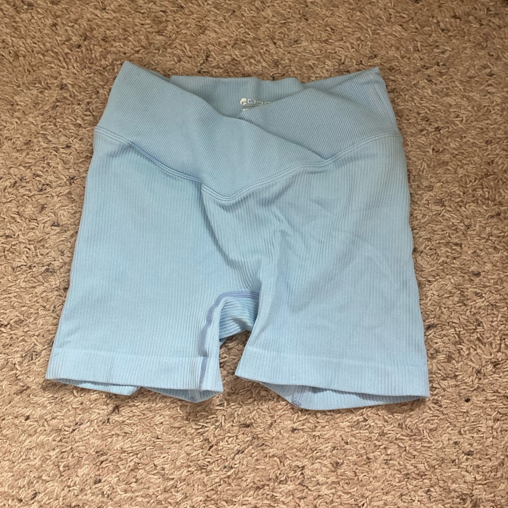 Light Blue Biker Shorts with Crossover Waist